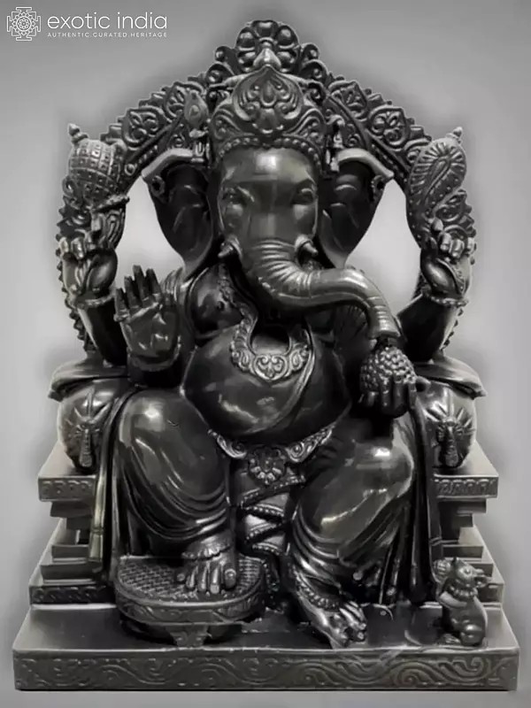 24" Lord Ganesha Seated On Throne Black Marble Idol | Statue For Temple