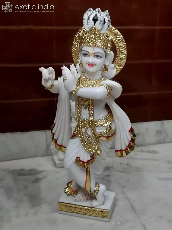 18" Standing Lord Krishna White Marble Idol | Hand Carved Statue For Temple