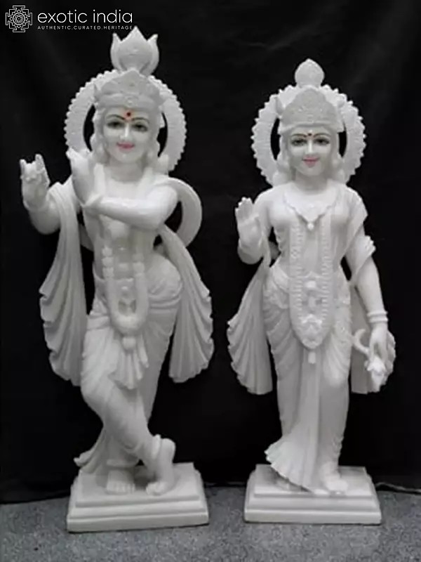 24" Beautiful Idol Of Lord Krishna With Radha In White Marble | Hand Carved