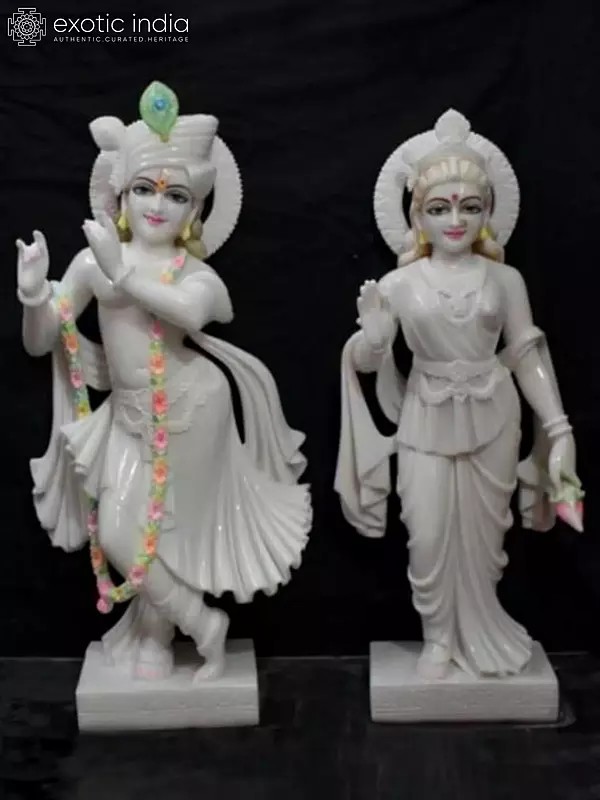 24" Lord Krishna With Radha White Marble Idol | Hand Carved Statue