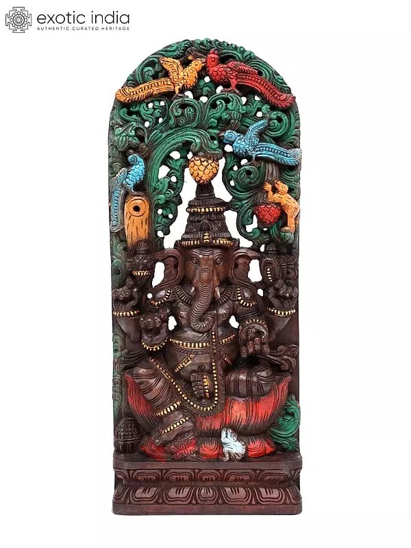 36" Large Four Armed Lord Ganesha Seated on Lotus | Wood Carved Statue Plus Wall Hanging