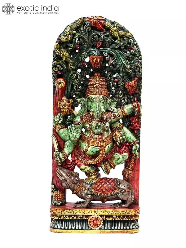 36" Large Six Armed Lord Ganesha Dancing on Mushak | Wood Carved Statue Plus Wall Hanging