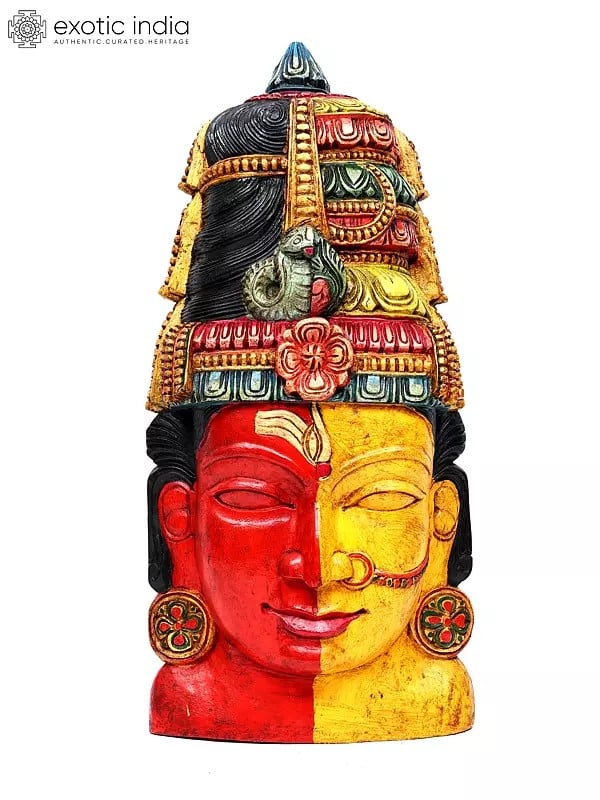 36" Large Colorful Ardhanarishvara Head | Wood Carving | Wall Hanging