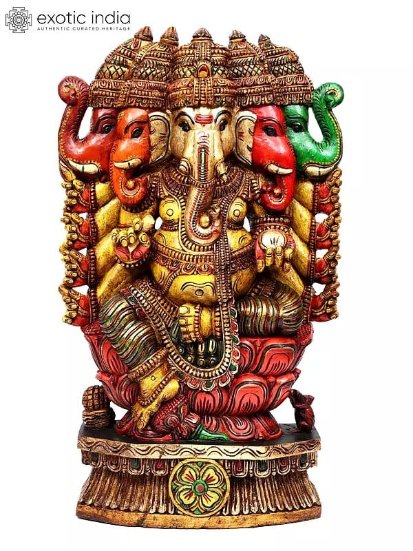 48" Large Colorful Ten Armed Panchamukhi Lord Ganesha | Wood Carving