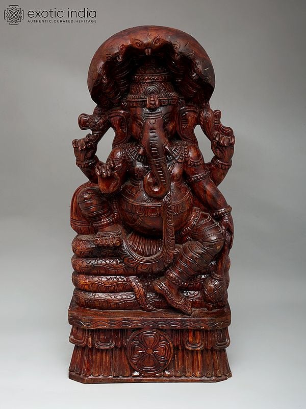 24" Lord Ganesha Seated on Naag | Wood Carving