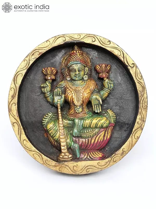 12" Round Shaped Goddess Lakshmi Wall Hanging | Wood Carved Relief Panel