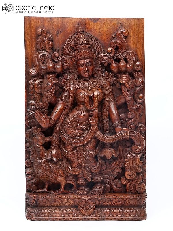 30" Large Standing Goddess Lakshmi Wall Panel | Wood Carving