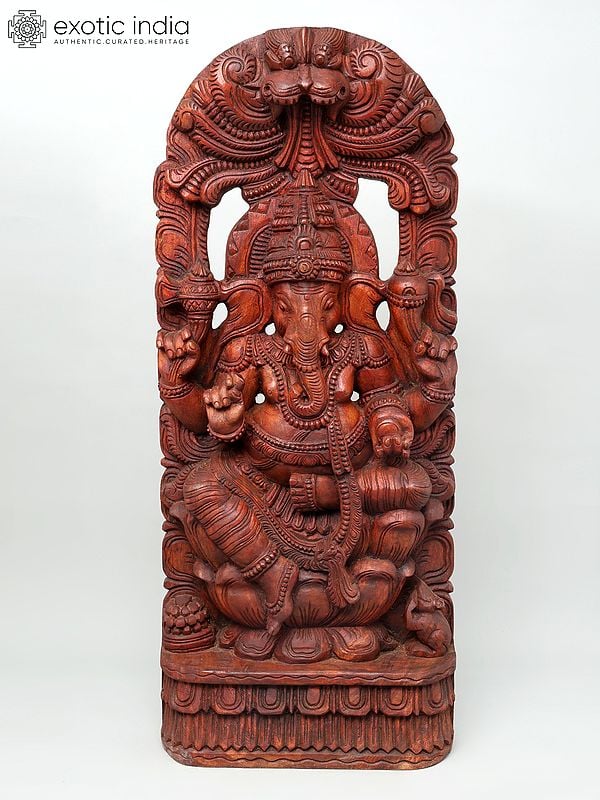 36" Large Sitting Chaturbhuja Lord Ganesha with Kirtimukha Arch | Statue Plus Wall Hanging | Wood Carving