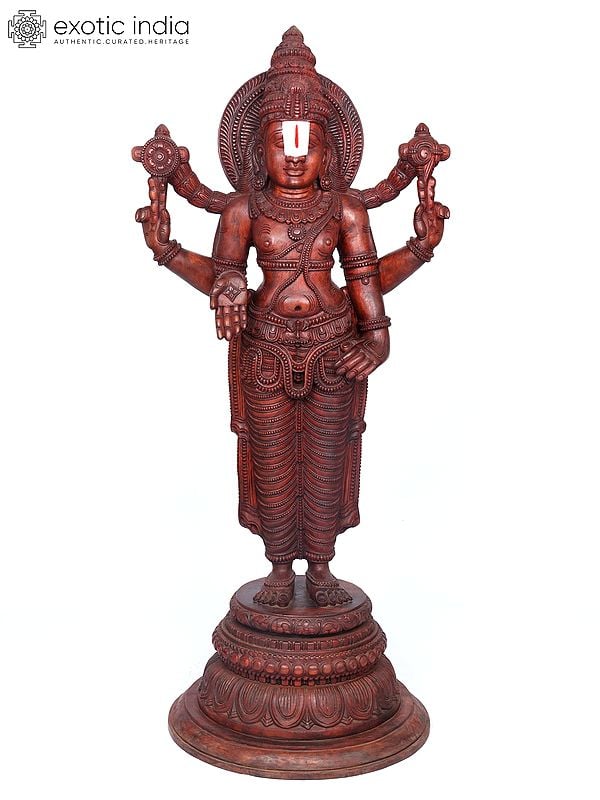 72" Large Tirupati Balaji (Venkateshvara) Standing on Round Pedestal | Wood Carving