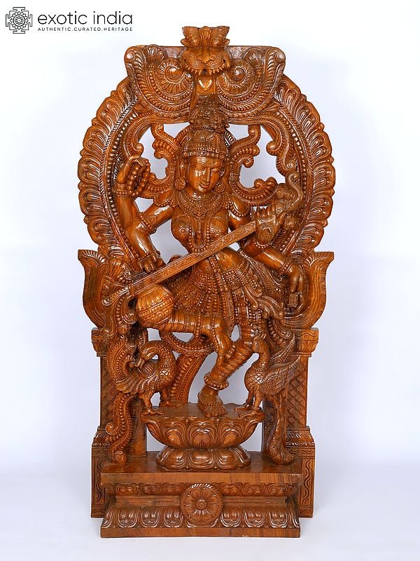 72" Dancing Goddess Saraswati with Kirtimukha Arch | Wood Carving