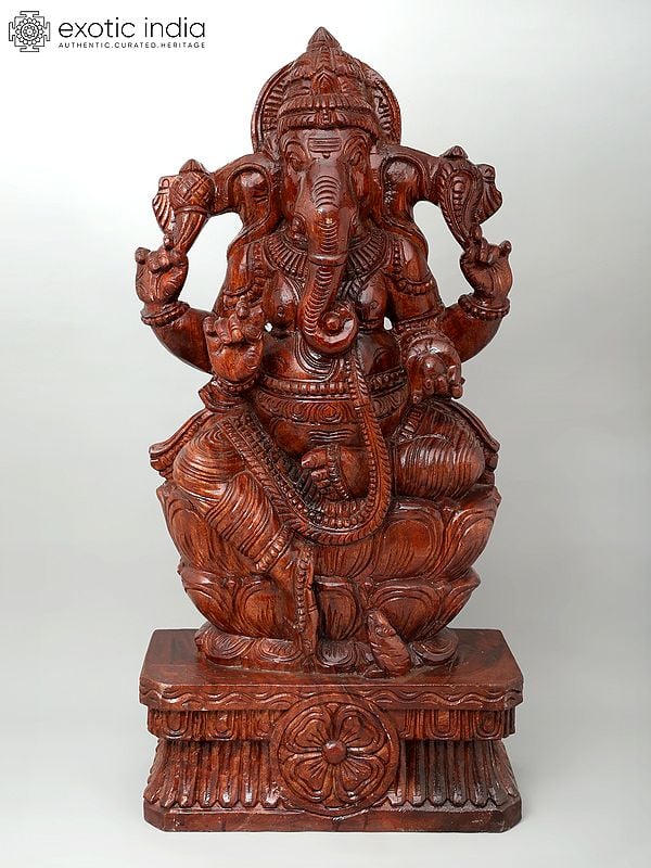 36" Large Four Armed Lord Ganesha Seated on Lotus | Wood Carving