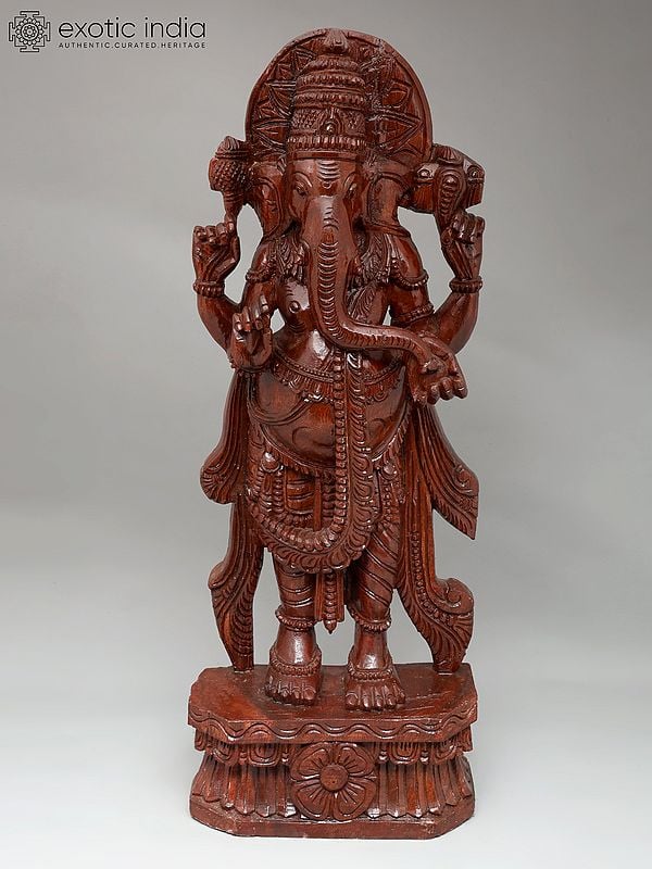 30" Four Armed Standing Lord Ganesha | Wood Carving