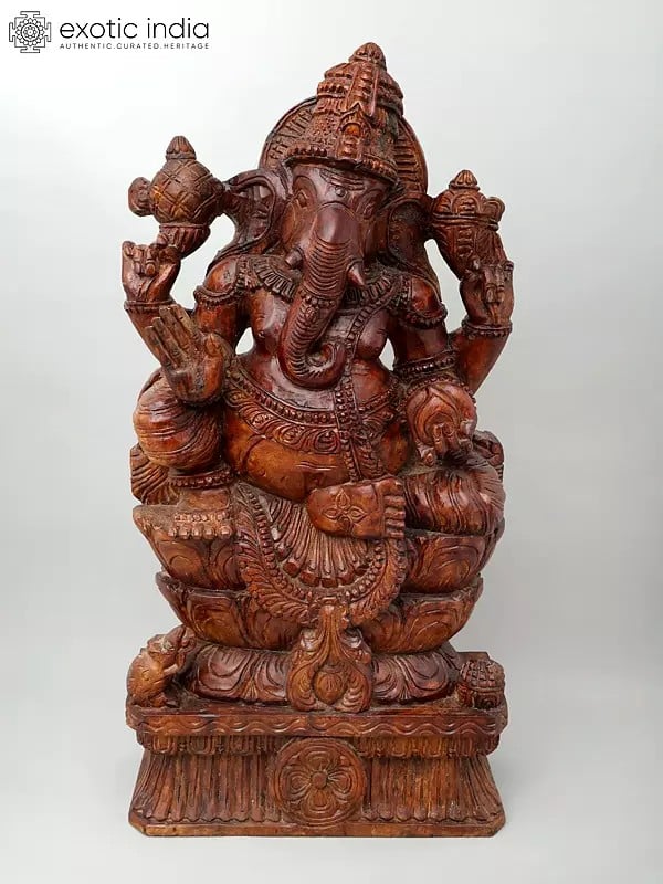 36" Large Sitting Four Armed Blessing Lord Ganesha | Wood Carving