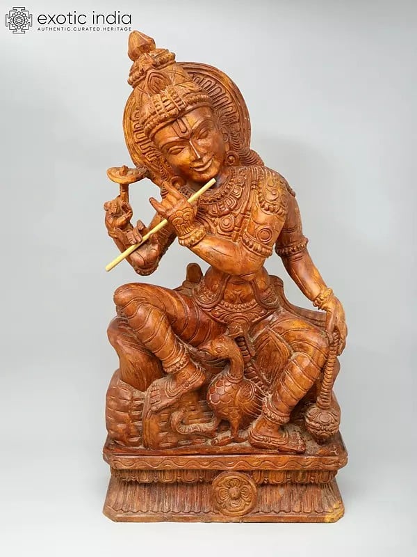 36" Large Four Armed Sitting Lord Krishna Playing Flute | Wood Carving