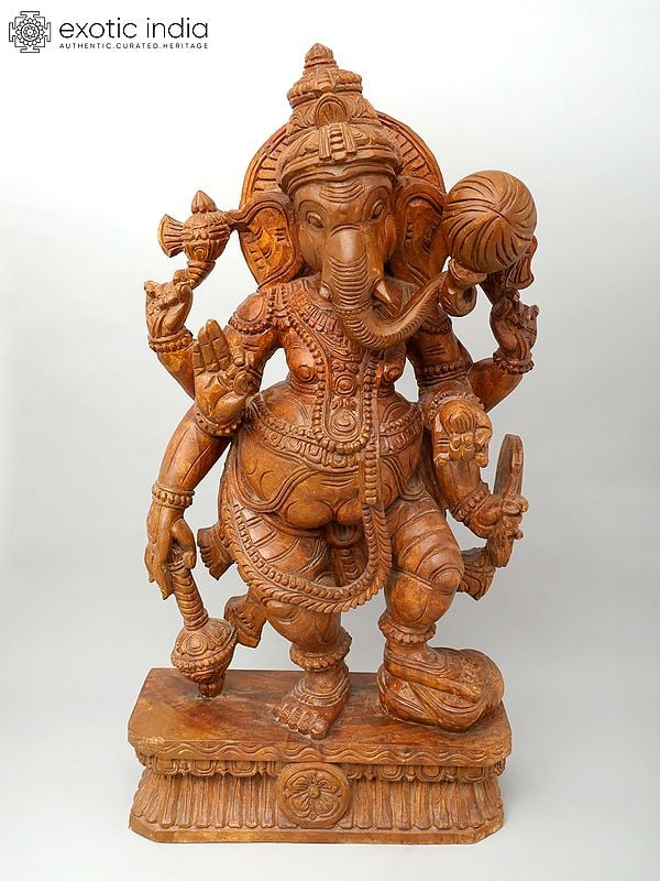 36" Large Six Armed Standing Lord Ganesha | Wood Carving