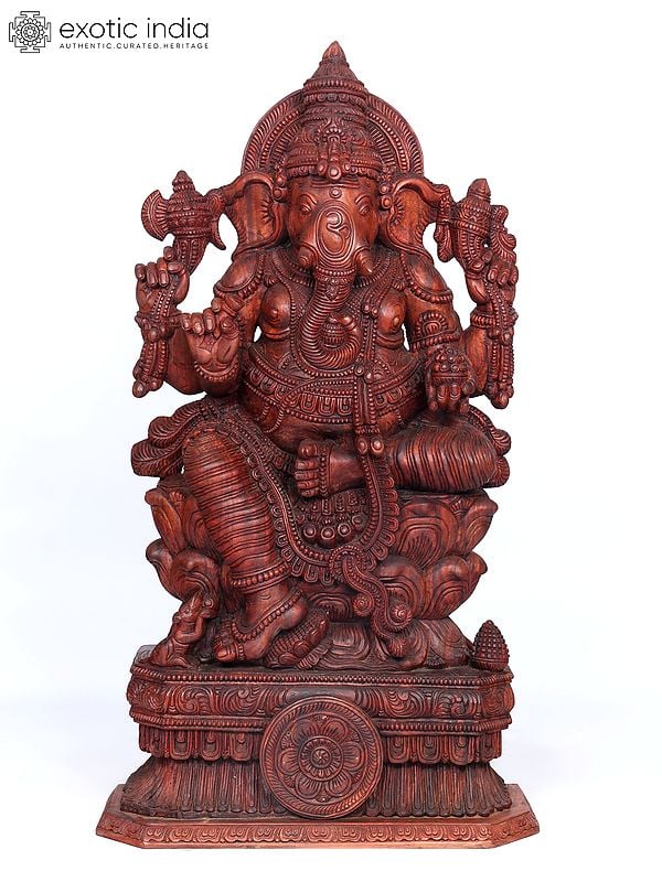 65" Large Four Armed Lord Ganesha Seated on Lotus | Wood Carving