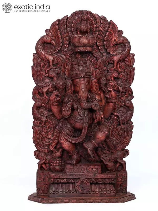 48" Large Dancing Lord Ganesha with Beautiful Peacocks Arch | Wood Carving