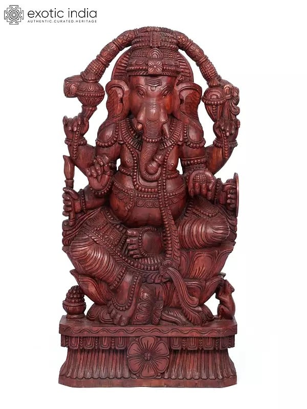 48" Large Four Armed Sitting Lord Ganesha | Wood Carving