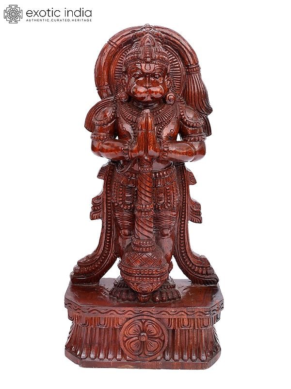 36" Large Standing Lord Hanuman in Namaskar Gesture | Wood Carving