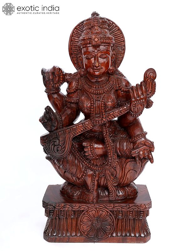 36" Large Devi Saraswati Seated on Lotus | Wood Carving