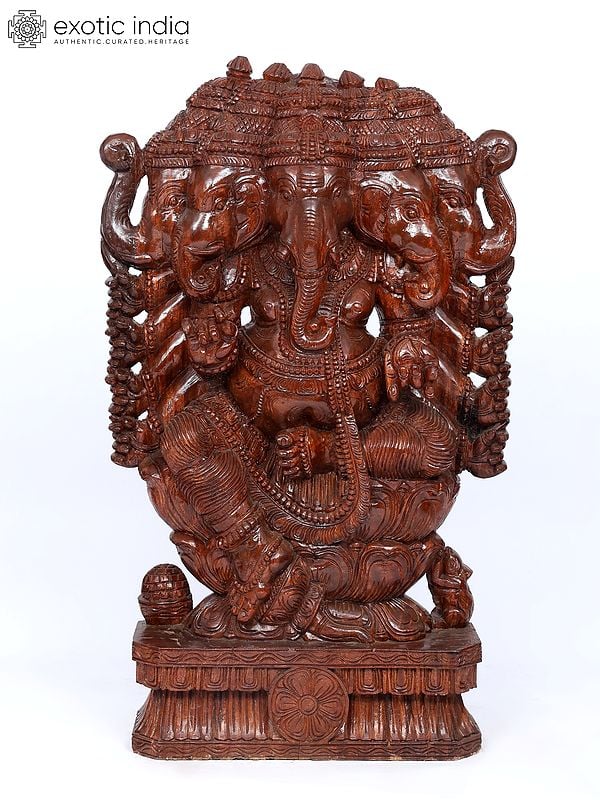 48" Large Ten Armed Panchamukhi Lord Ganesha | Wood Carving