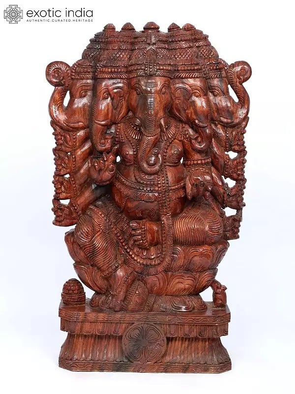 48" Ten Hands Panchamukhi Lord Ganesha | Wood Carving