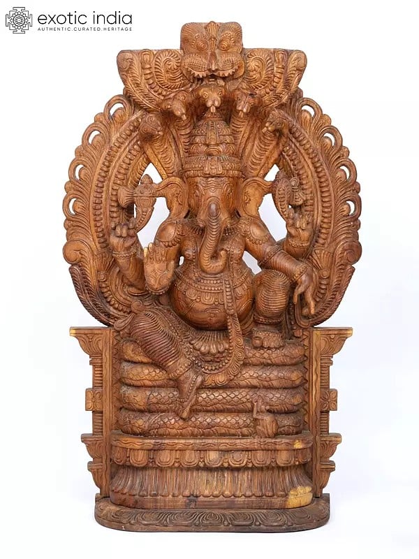 48" Large Lord Ganesha Seated on Sheshnag with Kirtimukha Arch | Wood Carving