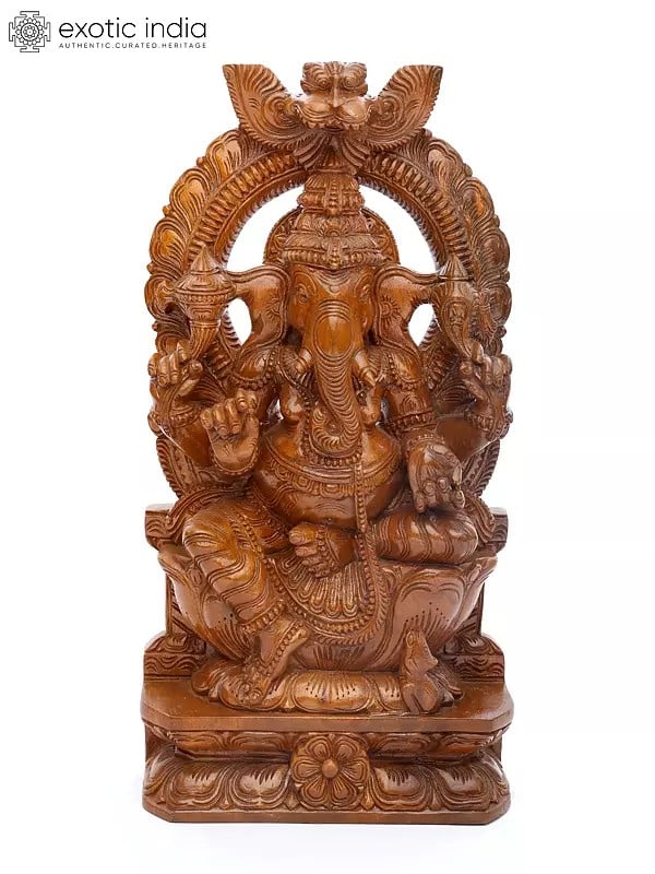 24" Lord Ganesha Seated on Kirtimukha Throne | Wood Carving