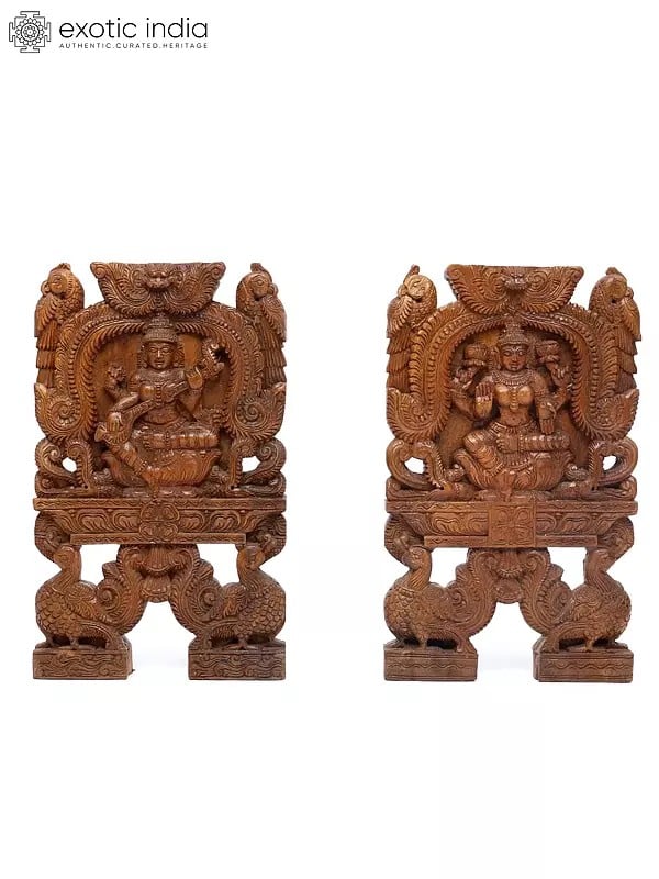 18" Pair of Goddess Lakshmi and Saraswati Kavadi Wall Panels | Wood Carving