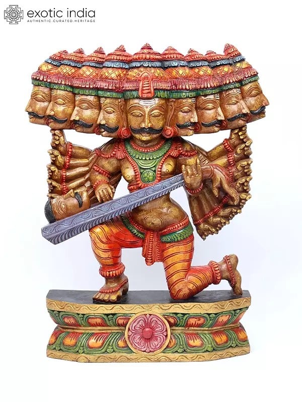 36" Large Ravana Offering Tenth Head as a Veena to Bhagawan Shiva | Wood Carved Statue