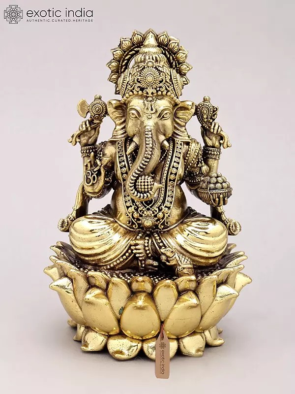 6" Chaturbhuja Lord Ganesha Seated on Lotus | Silver Plated Brass Statue