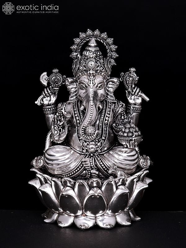 6" Chaturbhuja Lord Ganesha Seated on Lotus | Silver Plated Brass Statue