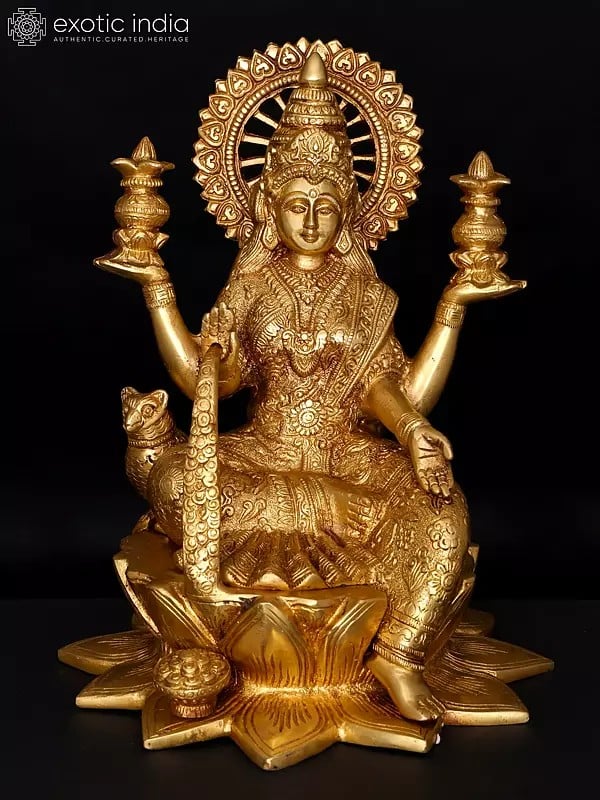 11" Devi Lakshmi Seated on Lotus Showering Wealth | Brass Statue