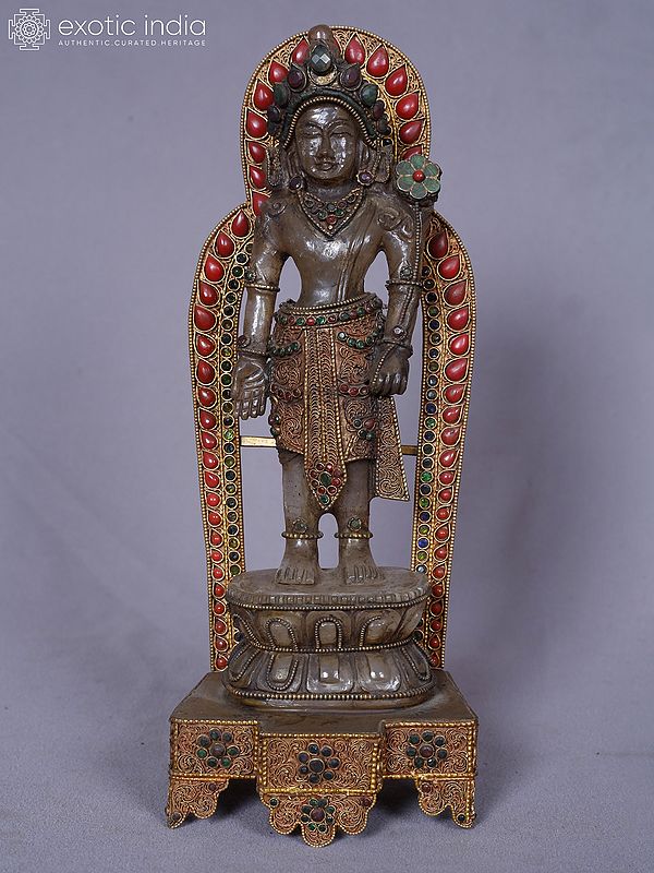 11" Lord Lokeshvara Standing On Pedestal Crystal Statue From Nepal