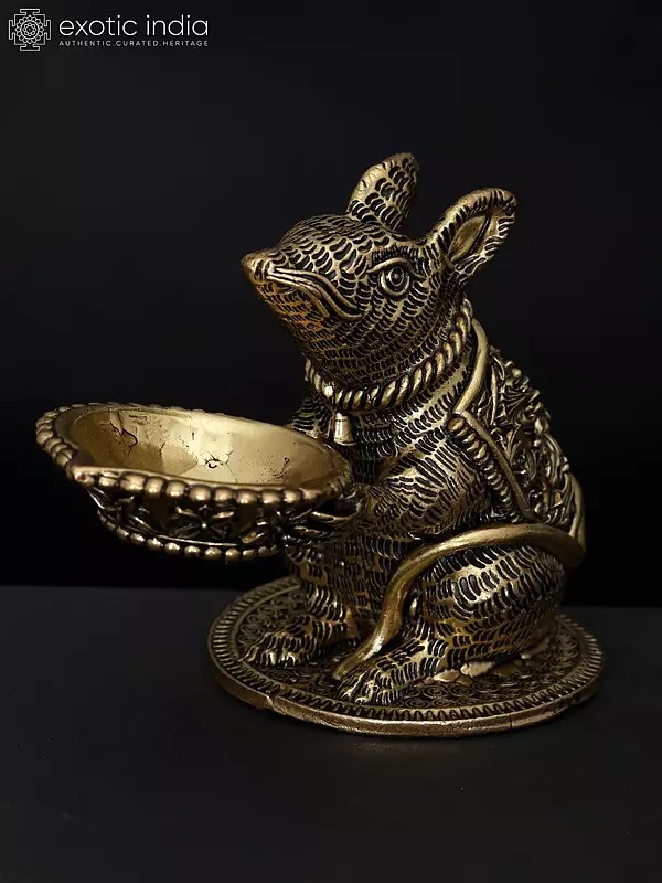 4" Small Mushak with Diya | Brass Statue