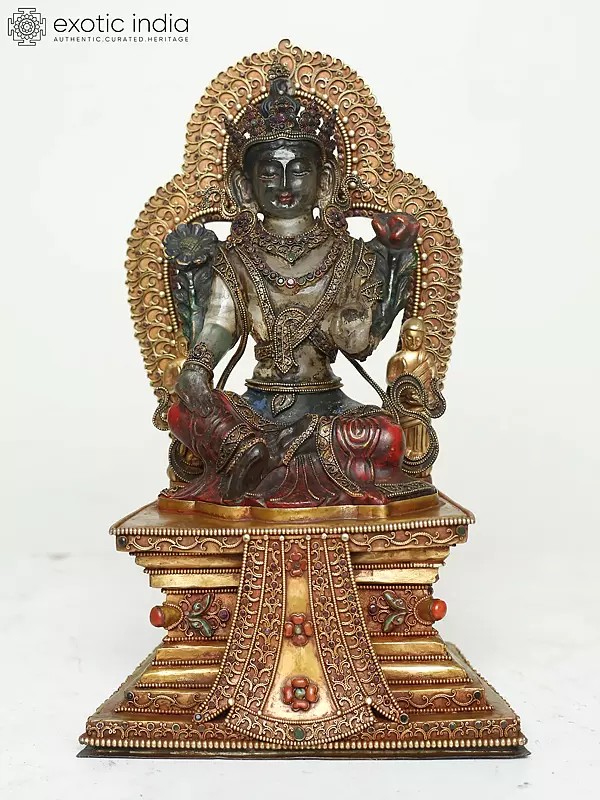 Crystal Goddess Green Tara Seated On Ornamented Throne In Blessing Gesture