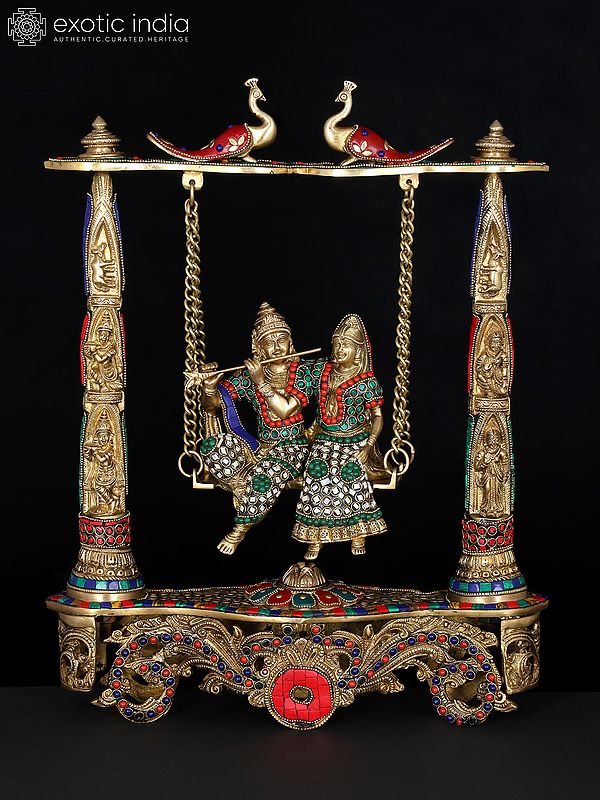 18" Radha Krishna on Peacock Swing | Brass Statue with Inlay Work