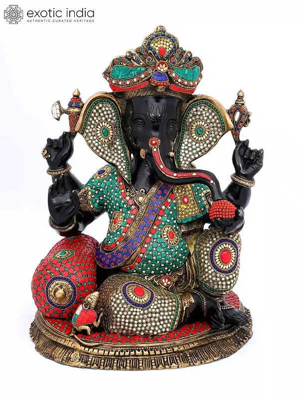 22" Sitting Chaturbhuja Lord Ganesha in Blessing Gesture | Brass Statue with Inlay Work