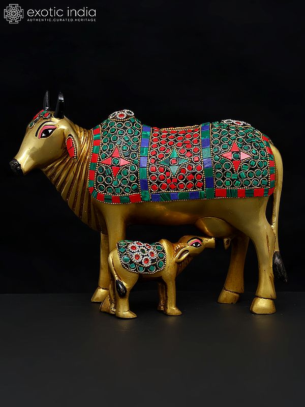 10" Brass Cow and Calf Gullak | Brass Statue with Inlay Work