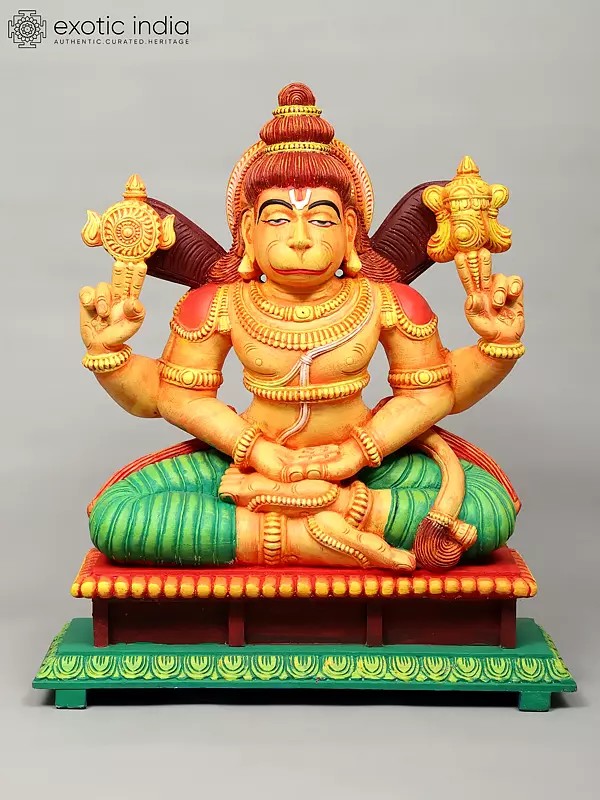 31" Large Colorful Four Armed Sitting Lord Hanuman | Wood Carved Statue
