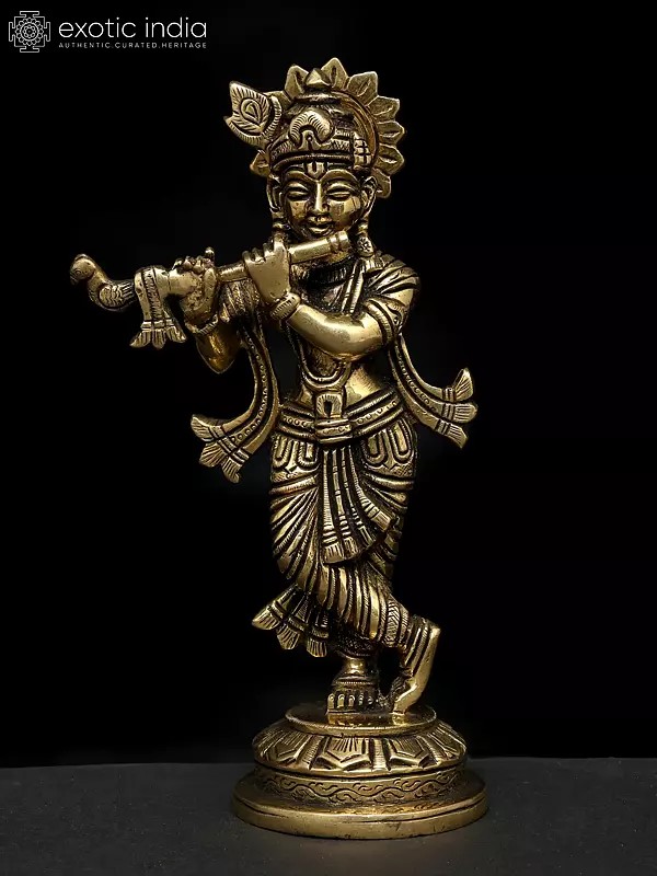 6" Fluting Krishna Brass Statue | Handmade | Made in India