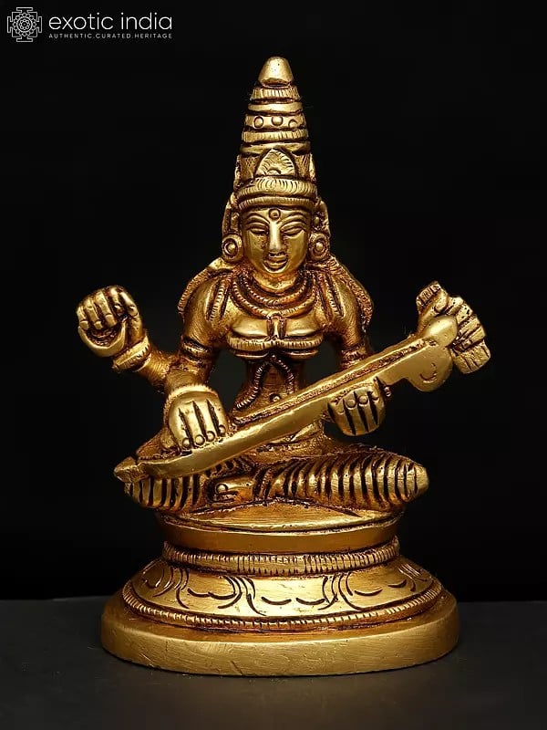 3" Goddess Saraswati Small Statue in Brass | Handmade | Made in India