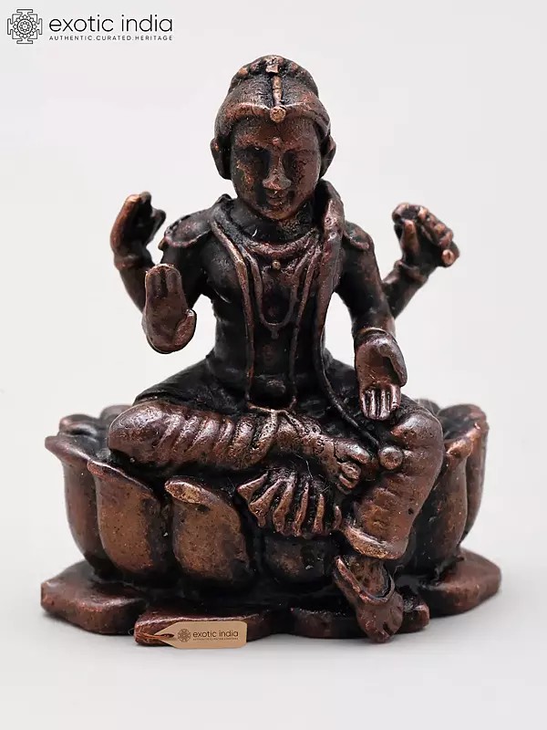 1" Small Devi Lakshmi Copper Statue Seated on Lotus