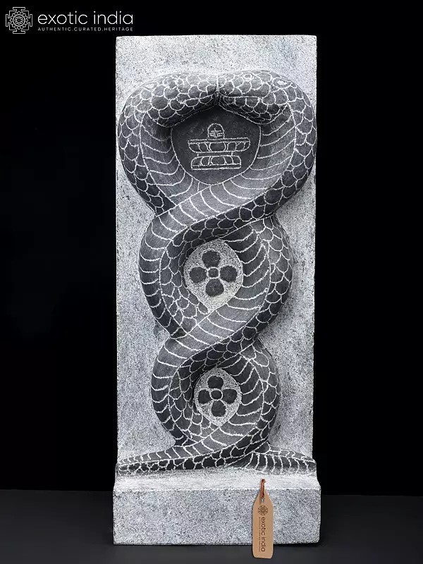 15" Two Snakes with Shiva Linga | Hand Carved Granite Stone Statue