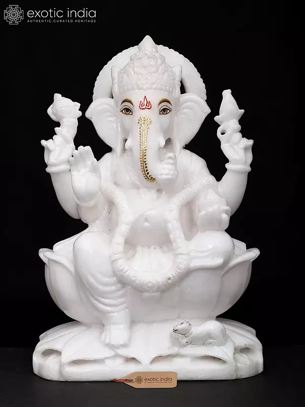 11" Four Armed Lord Ganapati Seated on Lotus With Mushak | White Marble Statue For Temple
