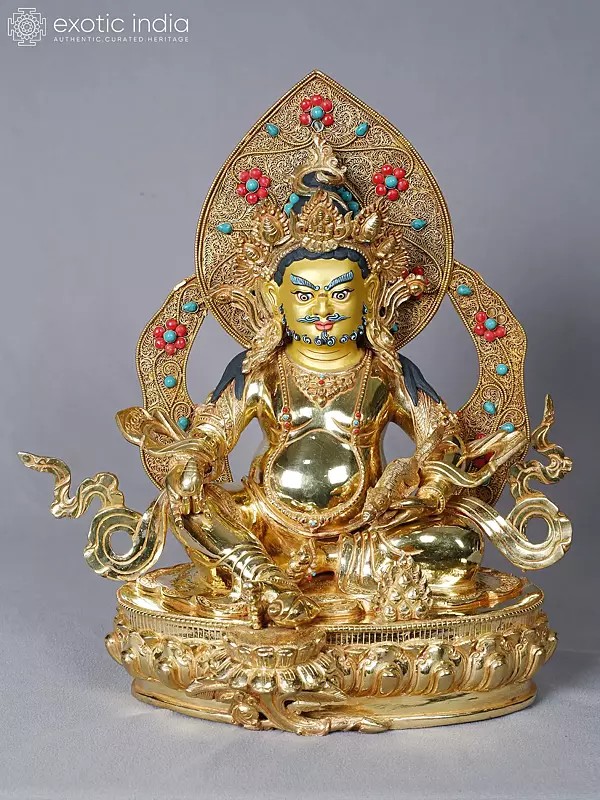 Lord Buddhist Kubera with Mongoose | Copper with Gold Plated | Handmade Exquisite Art