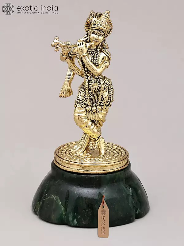 4" Small Brass Superfine Fluting Lord Krishna on Green Aventurine Gemstone Base