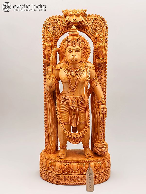 21" Standing Lord Hanuman Statue with Beautifully Carved Prabhavali with Lord Rama and Devi Sita
