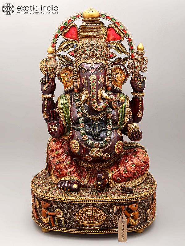 24" Shri Ganapati Maharaj - The Lord of Wisdom & Abundance | Wood Carved Statue with Elegant Stone Work