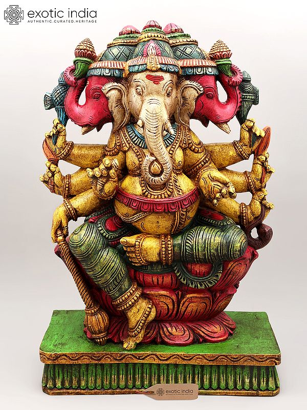 24" Eight Armed and Three Headed Lord Ganesha Seated on Lotus | Wood Carving